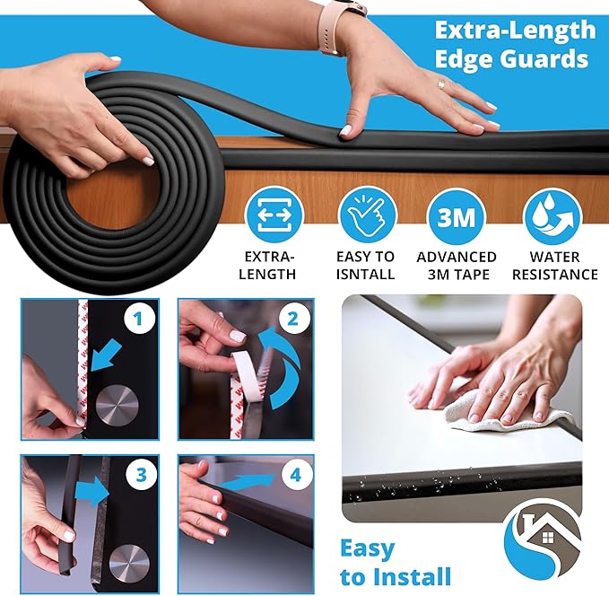 Premium 12ft Edge Protector for Baby, Odorless & Waterproof Edge Protector with 3M Adhesive Tape, Non-Toxic to Baby Proof Corners and Edges, Wall Corner Protector & Desk Edge Cushion Black
