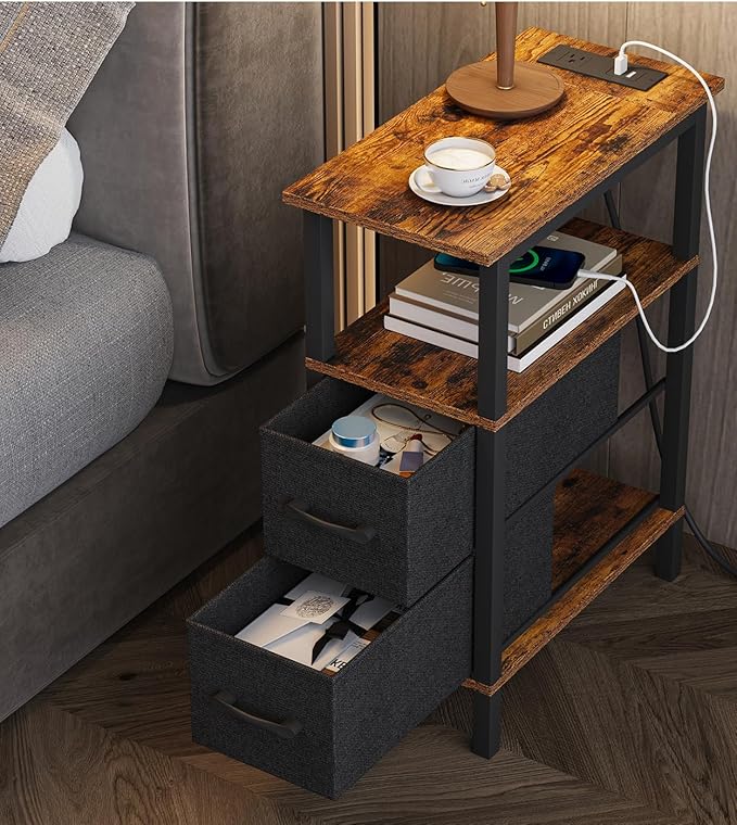 2 Set Narrow Side Table for Small Spaces, Skinny End Table with Charging Station, Sofa Beside Table with 2 Drawers 1 Open Compartment, Slim Nightstand with USB Ports Outlet, Rustic and Brown UTBT004F2