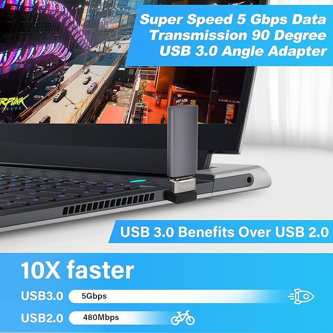 90 Degree USB 3.0 Adapter 2 Pack, (Up and Down) Right Angle USB Type-A Male to Female USB L Shape On The Go (OTG) Connector Extender Support Charge & Data Sync (5Gbps) for PC, Laptop, Mouse, Keyboard