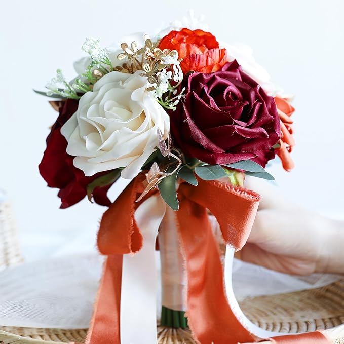 ponatia Burnt Orange Wedding Bouquets for Bride Bridesmaid, Artificial Burgundy Prom Flowers Bouquet for Weddins, Ceremony, Anniversary, 7 Inches