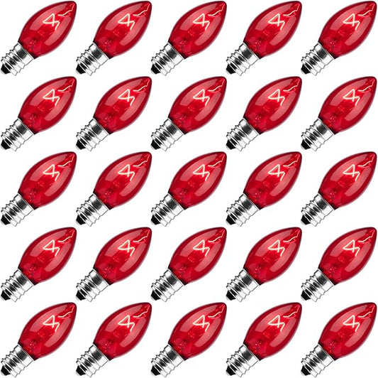 25 Pack Replacement C7 Light Bulbs for E12 Base Christmas String Lights, Classic Christmas Bulbs for Holiday Party Indoor Outdoor Garden Backyard Cafe Xmas Decoration, Red