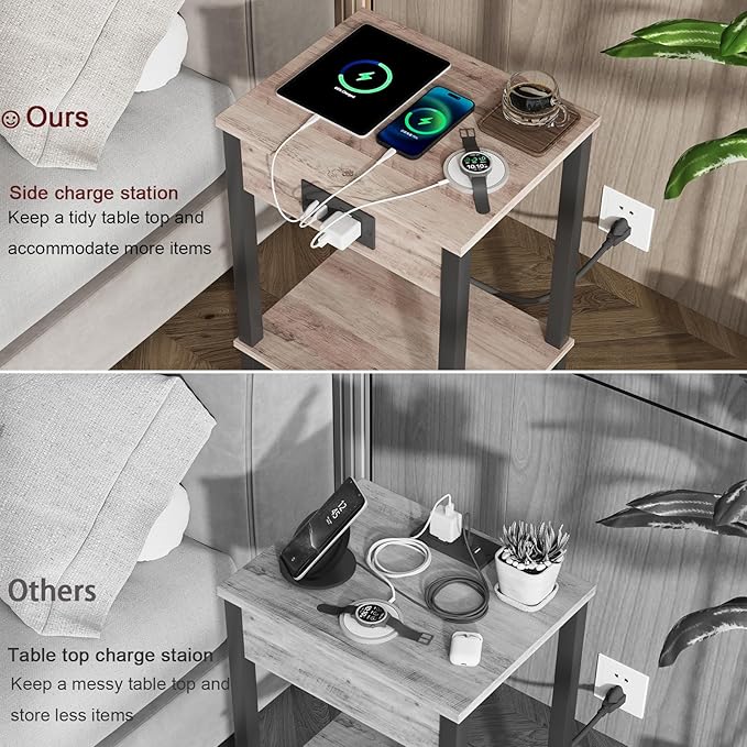 VIMBER Set of 2 End Table with Charging Station, Narrow Side Table with USB Ports and Outlets, Nightstands with 2-Tier Storage Shelves, Sofa Table for Small Space Living Room Bedroom, Greige