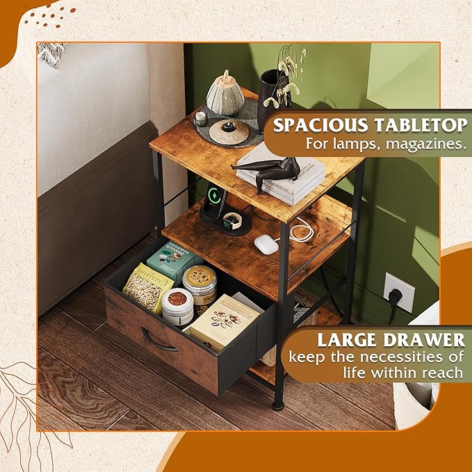 WLIVE Night Stand with Charger Station, LED Nightstand with Adjustable Fabric Drawer, 3-Tier Storage Bedside Table, Small End Side Tables for Bedroom, Rustic Brown