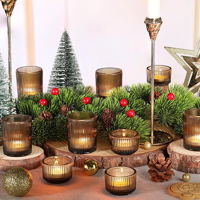 10pcs Ribbed Amber Votive Candle Holders, Assorted Glass Tea Light Candle Holders for Fall Decor, Amber Candle Holders for Wedding Centerpieces, Thankgiving and Christmas Decorations