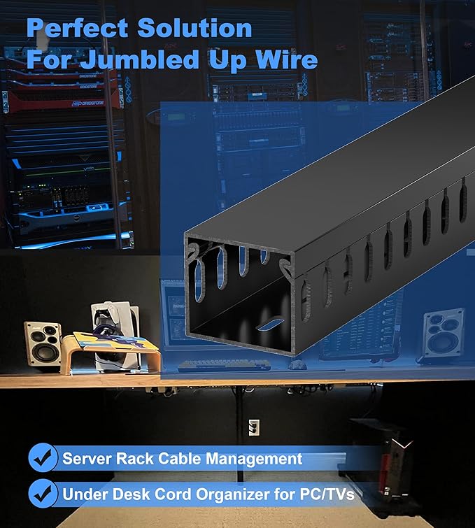 ZhiYo H1.4 x W1.6in Server Rack Cable Management Raceway, 12ft (4xL3ft) Cable Duct Kit, Electrically Safe PVC for Network Wire Management, Open Slot Cord Hider for Computer Under Desk, Black