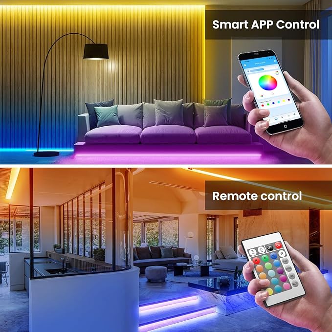 TJOY 50ft Bluetooth LED Strip Lights, SMD5050 Music Sync Tape Lighting, RGB Color Changing Rope Lighting with Remote,Smart APP Control, LED Lights for Bedroom,TV,Room DIY (APP+Remote +Mic/50ftx1)