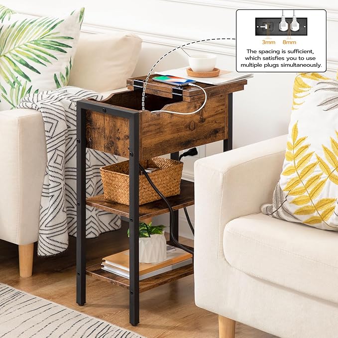 HOOBRO End Table with Charging Station, Narrow Side Table, Flip Top Nightstand with USB Ports and Outlets, Bedside Tables with Shelf for Small Spaces, Living Room, Rustic Brown BF341BZ01