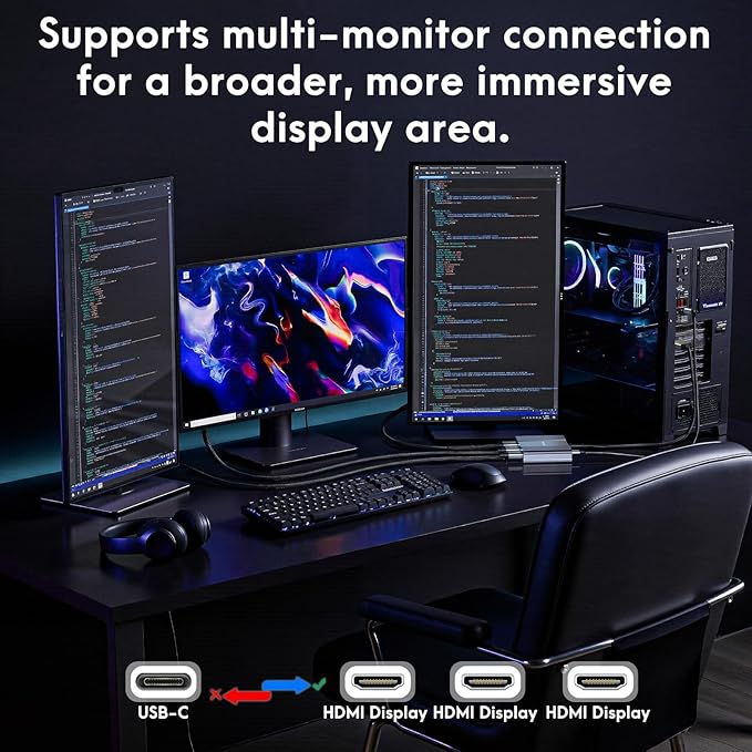 USB C to 3 HDMI Adapter with PD 100W, 4K@60Hz HDMI Splitter Extended Display 1 in 3 Out for Multi-Monitors, Compatible with Laptop,PC,USB-C Graphics Card - MACOS Not Support MST