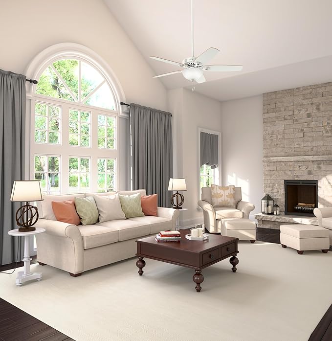 Hunter 52 inch Indoor Ceiling Fan with LED Light - White Ceiling Fan with Pull Chain, For Bedroom or Living Room, Standard Mount, No Remote, 5 Blades, Includes Bulbs - Builder Deluxe 53089, White