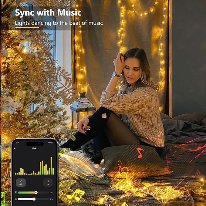 BrizLabs Smart Christmas Lights, 66FT 200 LED Christmas Lights with App/Voice Control, 8 Modes Dimmable Warm White Mini Fairy Light String, Music Sync Party Light Clear Wire for Indoor Outdoor Decor
