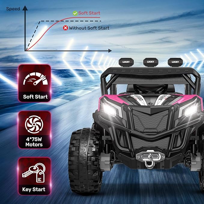 ANPABO 24V 4X4 Ride on Car Truck w/Remote Control, 4WD/2WD Switchable Kids UTV, 19" Spacious Seat, 4 Shock Absorbers, Soft Start, Music Player, Electric Car for Kids Ages 3+(Pink)