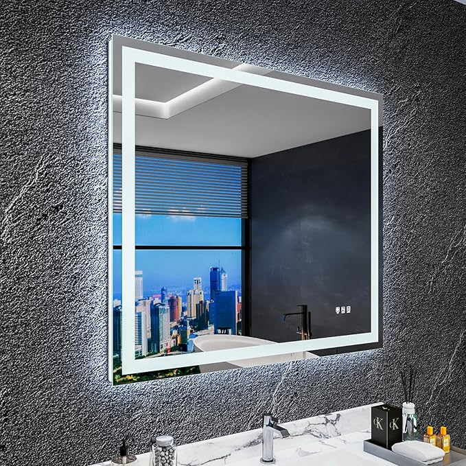 Led Bathroom Mirror 40"x36" with Anti-Fog, Front Lighted Bathroom Vanity Mirror for Wall Mounted, Memory, 3 Colors Dimmable Backlit Mirror (Horizontal/Vertical)