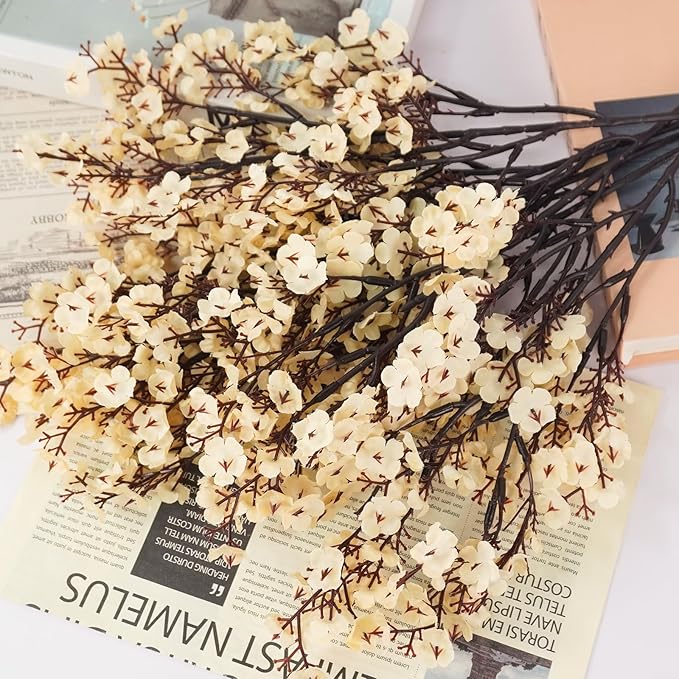 Uieke 30 Pcs Artificial Flowers Baby Breath Faux Champagne Artificial Gypsophila Bouquet Fake Silk Flowers Real Touch for Home Office Kitchen Wedding Wall DIY Room Farmhouse Décor