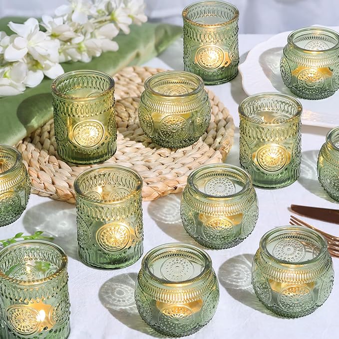 12pcs Assorted Green Votive Candle Holders for Wedding Table Decorations, Glass Tea Lights Candle Holder for Bridal Shower, Baby Shower Decrations, Boho Tea Party Decor, Wedding Party Gifts for Guests