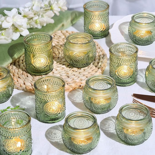 12pcs Assorted Green Votive Candle Holders for Wedding Table Decorations, Glass Tea Lights Candle Holder for Bridal Shower, Baby Shower Decrations, Boho Tea Party Decor, Wedding Party Gifts for Guests