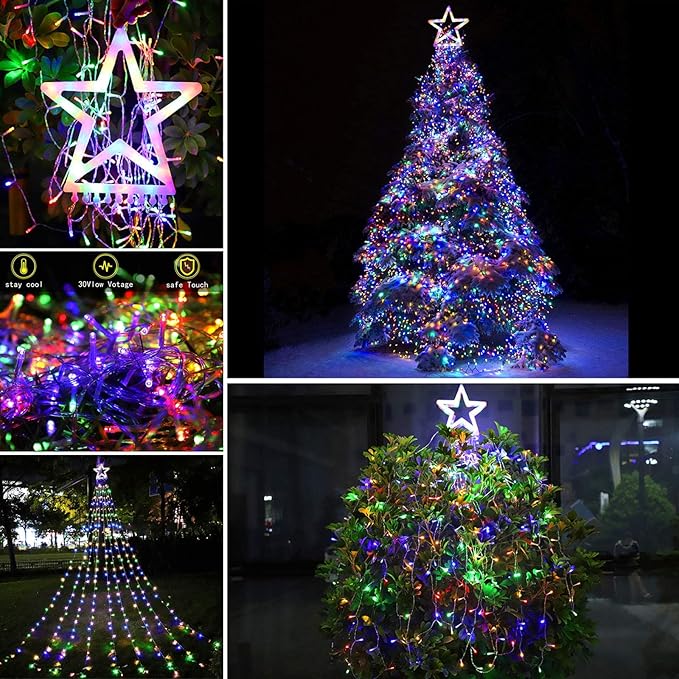 FUNIAO (New) Christmas Lights, Outdoor Christmas Decorations, 320 LED Waterfall String Lights, 8 Light Modes Chrsitmas Lights with 12" Star Tree Topper for Yard, Wedding, Party, New Year (Multicolor)