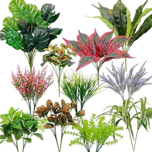 18PCS Outdoor Artificial Plants UV Resistant, Tropical Fake Flower Bushes, Mixed Faux Outdoor Greenery for Outside Planter Box, Porch, Balcony, Garden or Indoor Décor