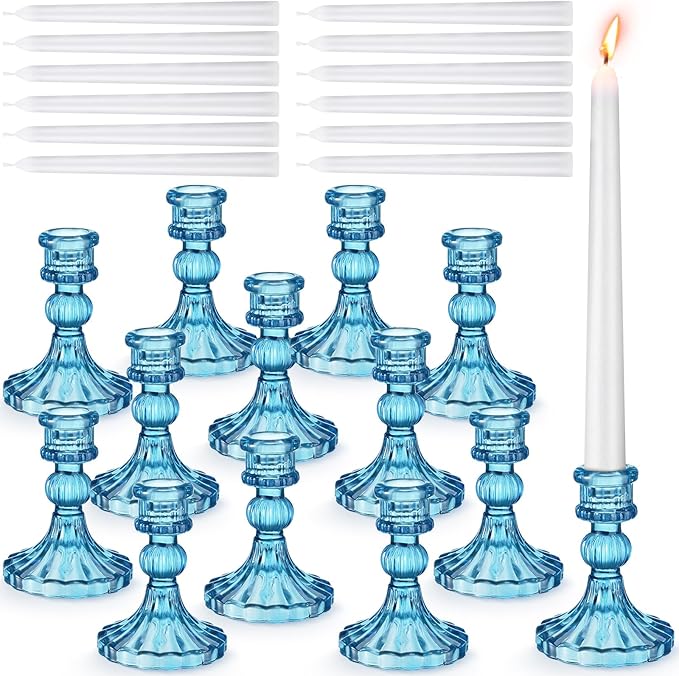 Suclain 24 Pcs Glass Taper Candle Holder Sets 12 Candlestick Holder with 12 White Long Candles for Wedding Party Decor Dinner Decoration(Blue)