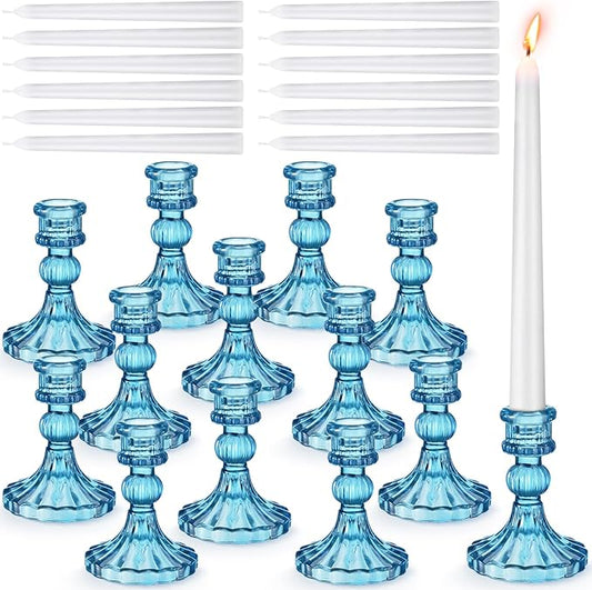 Suclain 24 Pcs Glass Taper Candle Holder Sets 12 Candlestick Holder with 12 White Long Candles for Wedding Party Decor Dinner Decoration(Blue)