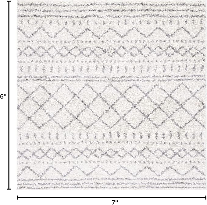 SAFAVIEH Arizona Shag Collection Area Rug - 6'7" Square, Ivory & Grey, Moroccan Design, Non-Shedding & Easy Care, 1.6-inch Thick Ideal for High Traffic Areas in Living Room, Bedroom (ASG741F)