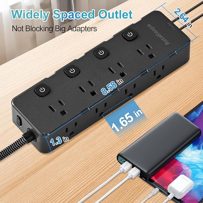 Surge Protector Power Strip 10 Ft - 8 Widely AC Outlet 4 USB Ports(2 USB C), Flat Plug Extension Cord with Multiple Outlets, Individual Switches, Desk Extender for Dorm, Home, Office Essentials, 1400J