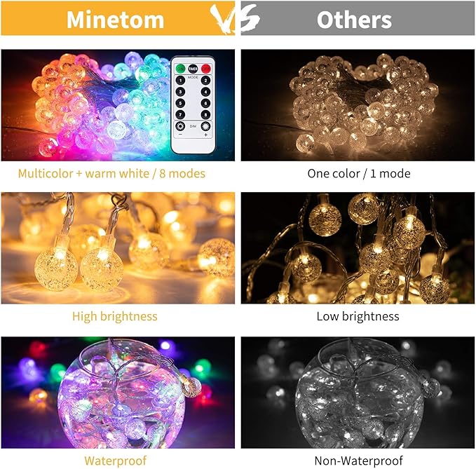 Minetom Globe String Lights Plug in - 33 ft 100 LED USB Crystal Globe Fairy Lights with Remote and Timer, Waterproof for Bedroom Tent Porch Patio Party Garden Indoor, Warm White and Multicolor