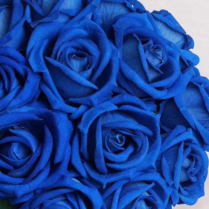 BLEUM CADE 50 Pcs Blue Roses Artificial Flowers, Real Touch Velvet Roses Fake Flowers Bulk, Artificial Roses Bouquet with Long Stems Bridal DIY Wedding Party Centerpiece Decorations