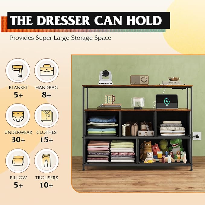 WLIVE Dresser for Bedroom, 5 Drawer Dressers with Charging Station, Fabric Chest of Drawers with Open Shelves, Storage Dresser for Living Room, Closet, Entryway, Rustic Brown Wood Grain Print