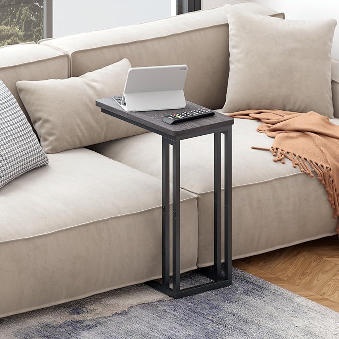 Yusong C Shaped End Table - Slide Under Sofa Couch Bed, Small Table for Small Spaces, Skinny Overbed, Coffee Drink Snack Table for Living Room, Grey Oak