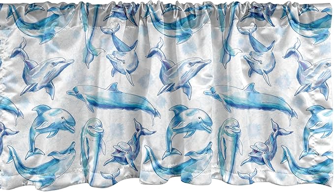 Ambesonne Sea Animals Window Valance, Sketch of Bottlenose Dolphins Playing Laughing in The Ocean Sea Life Print, Curtain Valance for Kitchen Bedroom Decor with Rod Pocket, 42" x 18", Turquoise White