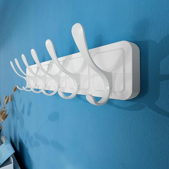 SKOLOO Coat Rack Wall Mount - Scandi-Style Wooden Carved-Block Coat Hook, Wall Coat Hanger with 6 Hooks for Hanging Coats, Hats, Clothing, Scarfs, White