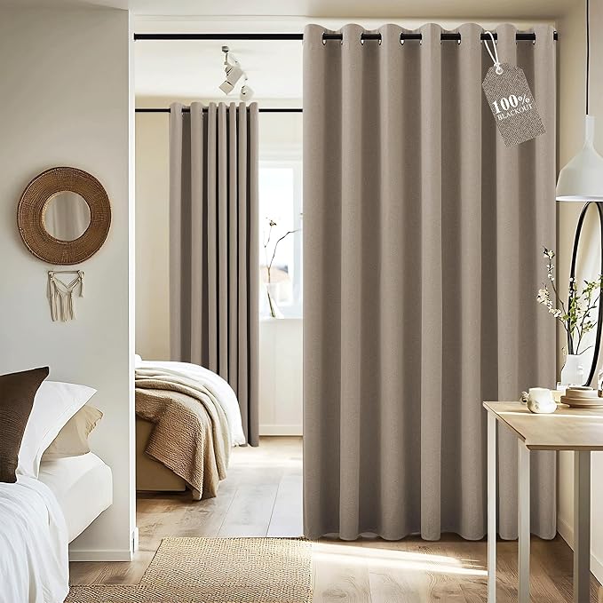 NICETOWN 100% Blackout Sound Reducing Divider Room Linen Curtain Panel, Camel, 100 inch per Panel, Energy Smart Thermal Insulated Drape for Shift Worker/Studio/Villa/Hall/Parlor