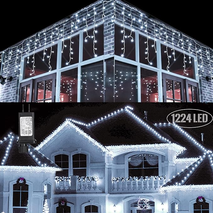 Toodour Christmas Icicle Lights Outdoor, 1224 LED 100ft 8 Modes Fairy Icicle String Light with 204 Drops, Led Christmas Lights Twinkle for Holiday, Party, Wedding, Eaves, Xmas Decorations (White)