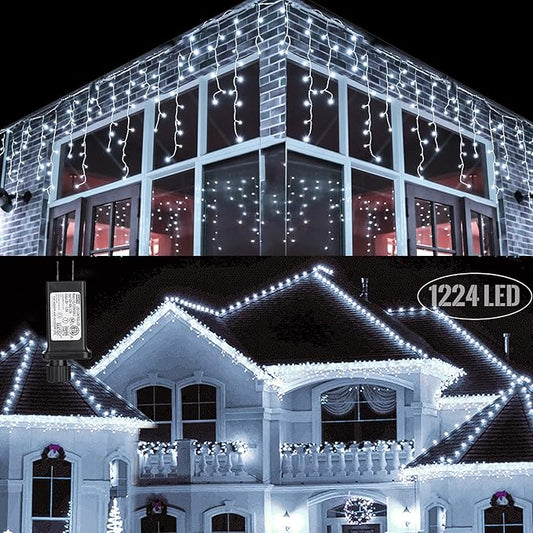 Toodour Christmas Icicle Lights Outdoor, 1224 LED 100ft 8 Modes Fairy Icicle String Light with 204 Drops, Led Christmas Lights Twinkle for Holiday, Party, Wedding, Eaves, Xmas Decorations (White)