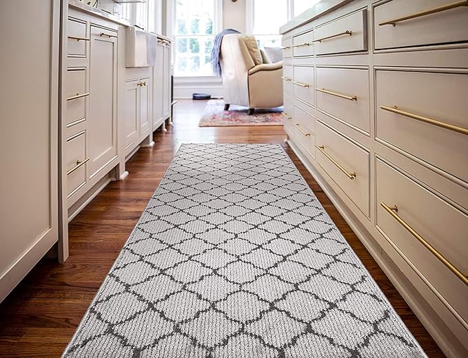 Custom Size Modern Runner Rug Carpet for Hallway Entryway Foyer Kitchen, Slip Resistant Latex Rubber Backed 31 inch Wide X Customized Length, Trellis Grey, 31 inch X 17 feet