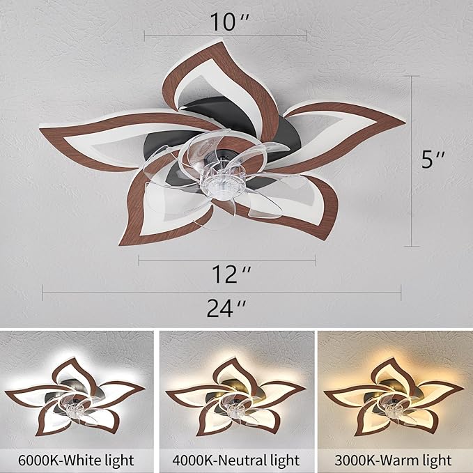 Ceiling Fan with Lights Remote Control, Wooden Geometric Color 6 Speeds Low Profile Flush Mount Ceiling Fan with Light for Kitchen Bedroom Living Room