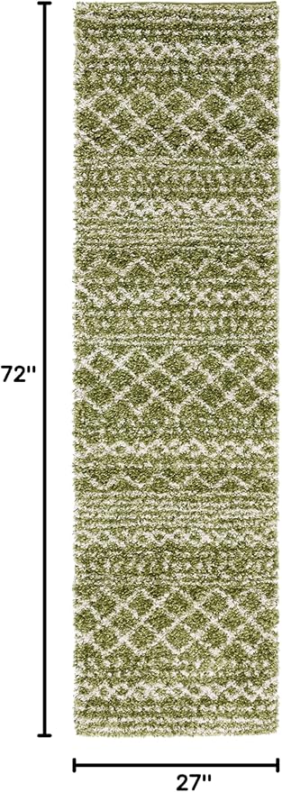 SAFAVIEH Arizona Shag Collection Runner - 2'3" x 6', Green & Ivory, Moroccan Design, Non-Shedding & Easy Care, 1.6-inch Thick, Ideal for The Living Room, Dining, Bedroom (ASG741X)