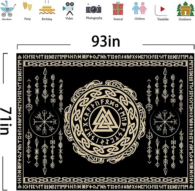 OSUNBD Nordic Viking Tapestry Wall Hanging - Large 93x71 inches Soft Flannel with Valknut, Celtic Runes & Norse Mythology Scandinavian for Bedroom, Living Room Decor