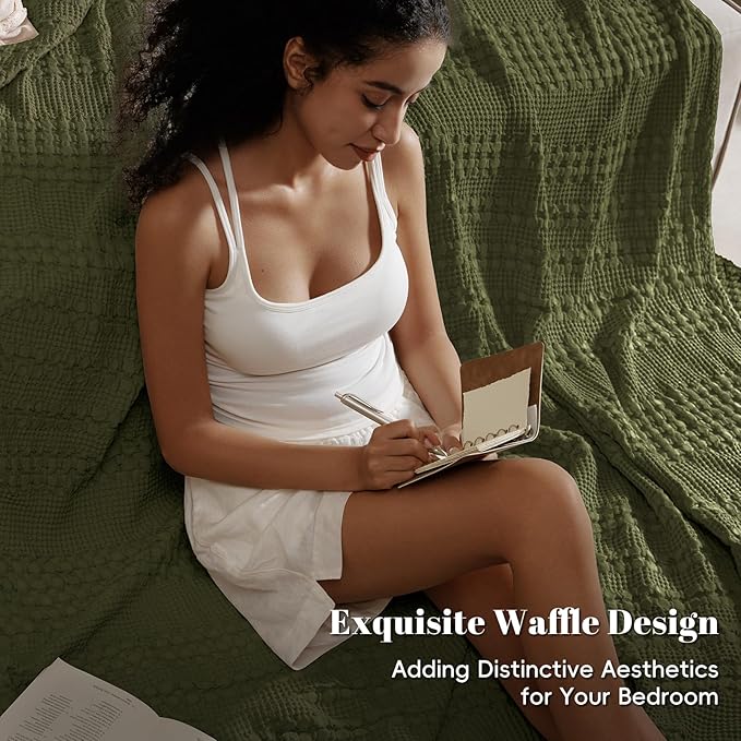 PHF 100% Cotton Waffle Weave Blanket King Size for Bed, Soft Lightweight & Breathable, All-Season Comfort, Luxury Aesthetic Woven Bedding for Home Decor, 108"x90", Capulet Olive