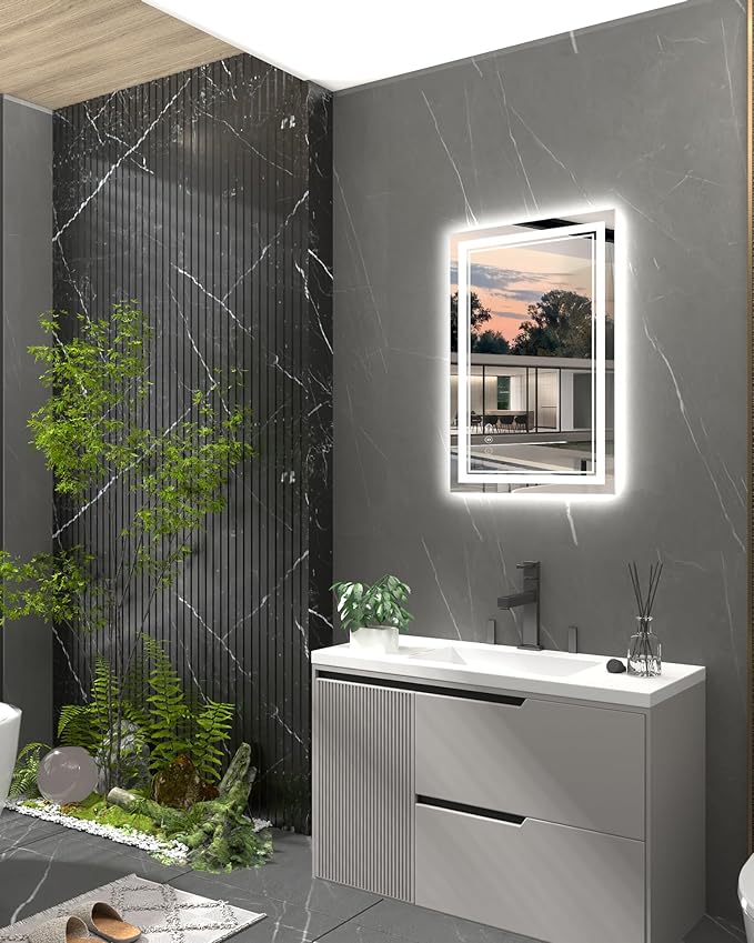 LED Mirror for Bathroom, 20x28 Inch Lighted Mirrors for Bathroom Wall with Unbreakable Tempered Glass, 3 Colors Stepless Dimmable, Super Bright 2 Front Lights + Backlit, Anti-Fog, Memory Function