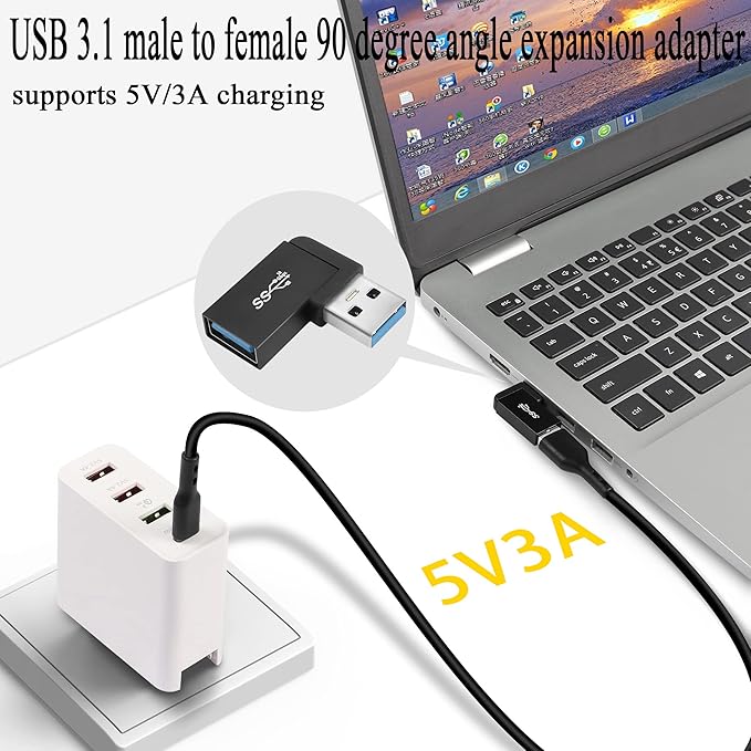 QIANRENON USB 3.1 90°Angle Adapter 10Gbps USB 3.1 Male to Female Left Angle L-Shaped Connector USB A 3.1 Data Transfer Converter Coupler, 2PCS(Left Angle Side Bend)