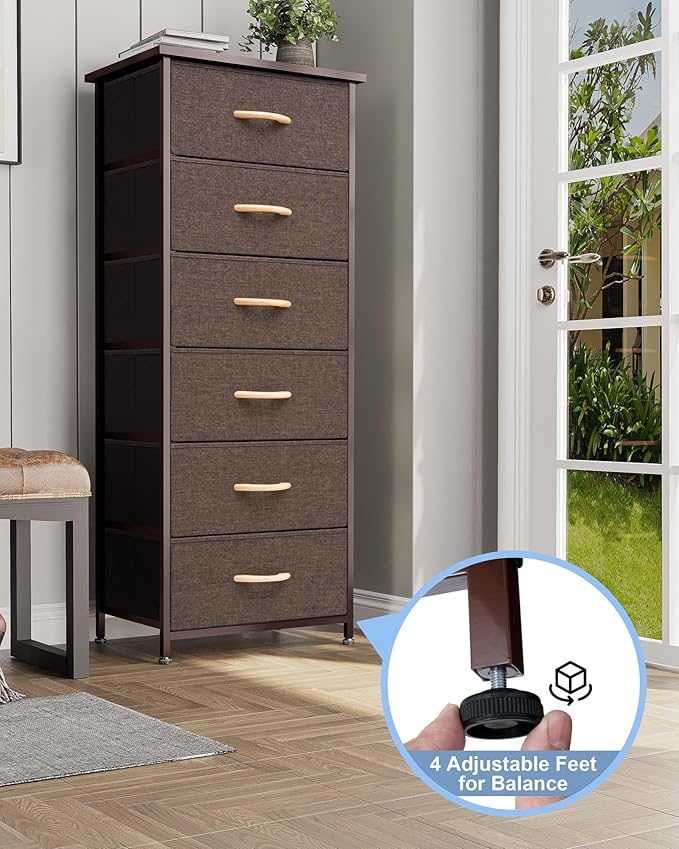 Crestlive Products Vertical Dresser Storage Tower - Sturdy Steel Frame, Wood Top, Easy Pull Fabric Bins, Wood Handles - Organizer Unit for Bedroom, Hallway, Entryway, Closets - 6 Drawers (Brown)