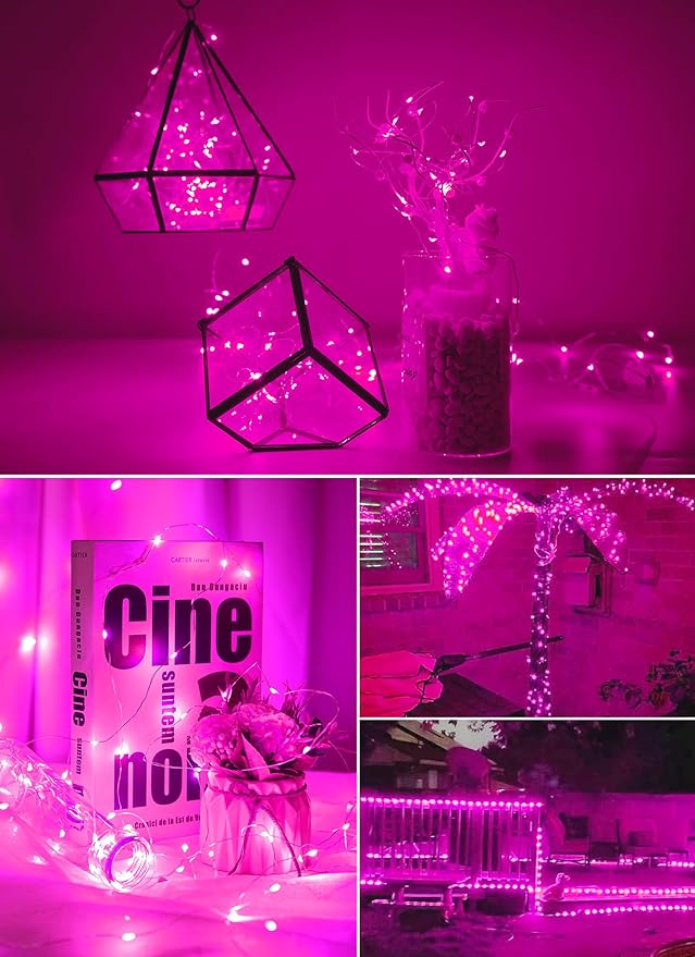 Minetom Fairy Lights Battery Operated, 2Pack 33Feet 100 LEDs Mini Battery Powered String Lights, Waterproof Twinkle Lights Mason Jar Lights for Indoor Home Wedding Christmas Decoration, Pink