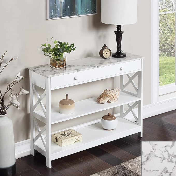Convenience Concepts Oxford 1 Drawer Console Table with Shelves, White Faux Marble/White