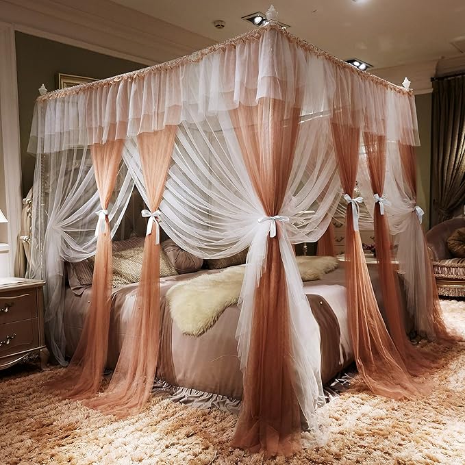 Joyreap Luxury 4 Corners Post Canopy Bed Curtains - Coral & White Cozy Drape Netting - Cute Princess Bedroom Decoration Accessories(Reddish Brown, 47" W x 78" L, Twin)