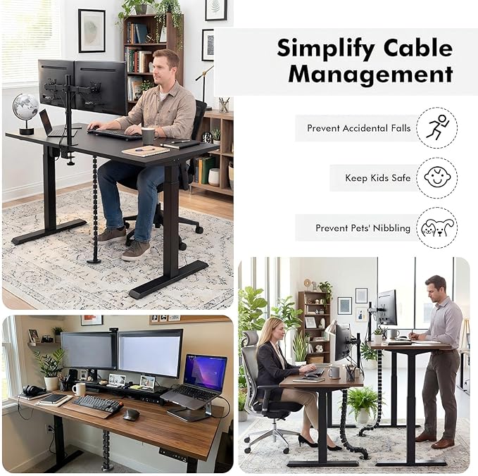 Yaomiao 4 Pack Under Desk Vertebrae Cable Management Kit Standing Desk 48'' Adjustable Quad Entry Flexible Cord Organizer with Ties, Stick-on Clips Cable Management Set for Home User Office Worker