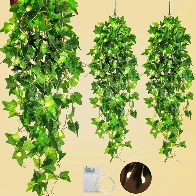 RECUTMS Hanging Fake Plants 4 Pack Artificial Vines Silk Ivy Greenery Garland with 30 LED Fairy String Lights Indoor and Outdoor Home Garden Hotel Green Leaves Wedding Bedroom Office Decoration