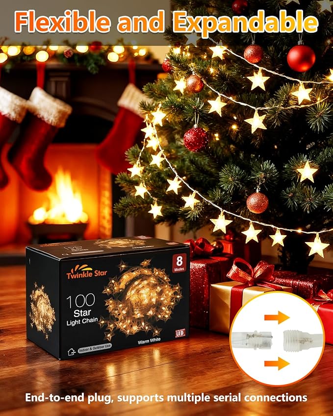 Twinkle Star 2 Pack 100 LED Star String Lights, Plug in Fairy String Lights Waterproof, Extendable for Indoor, Outdoor, Wedding Party, Christmas Tree, New Year, Garden Decoration, Warm White