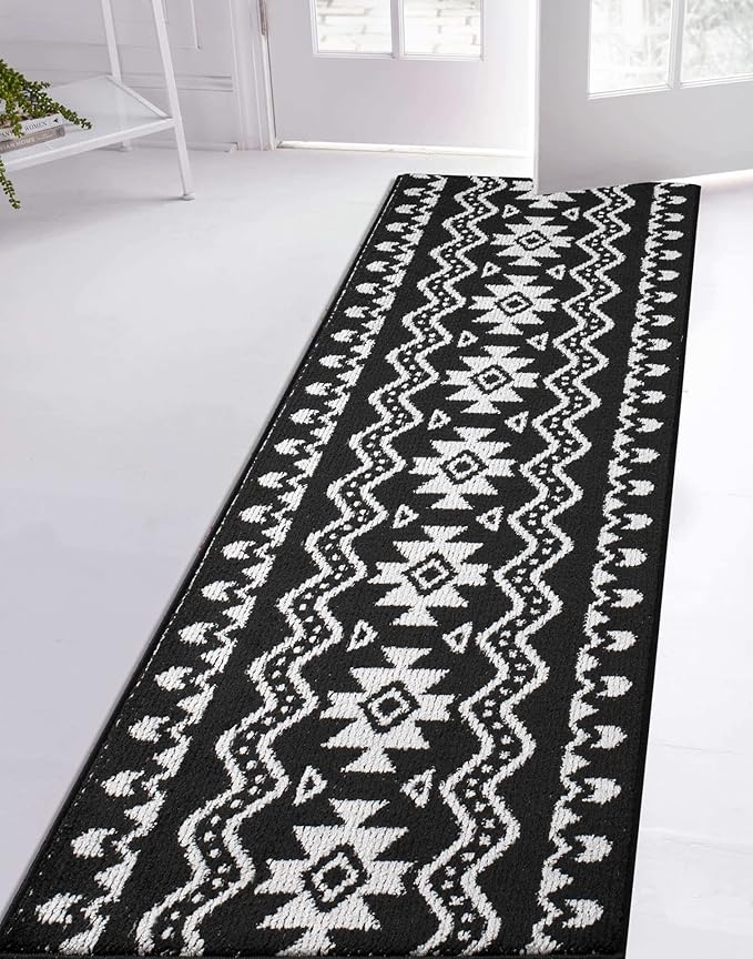 Custom Length Cut to Size Tribal Ethnic Southwestern Inspired Hallway Runner Rug, Non Slip Rubber Backed, 31 inch Wide X Customized Length, Aztec Black, 31 inch X 6 feet