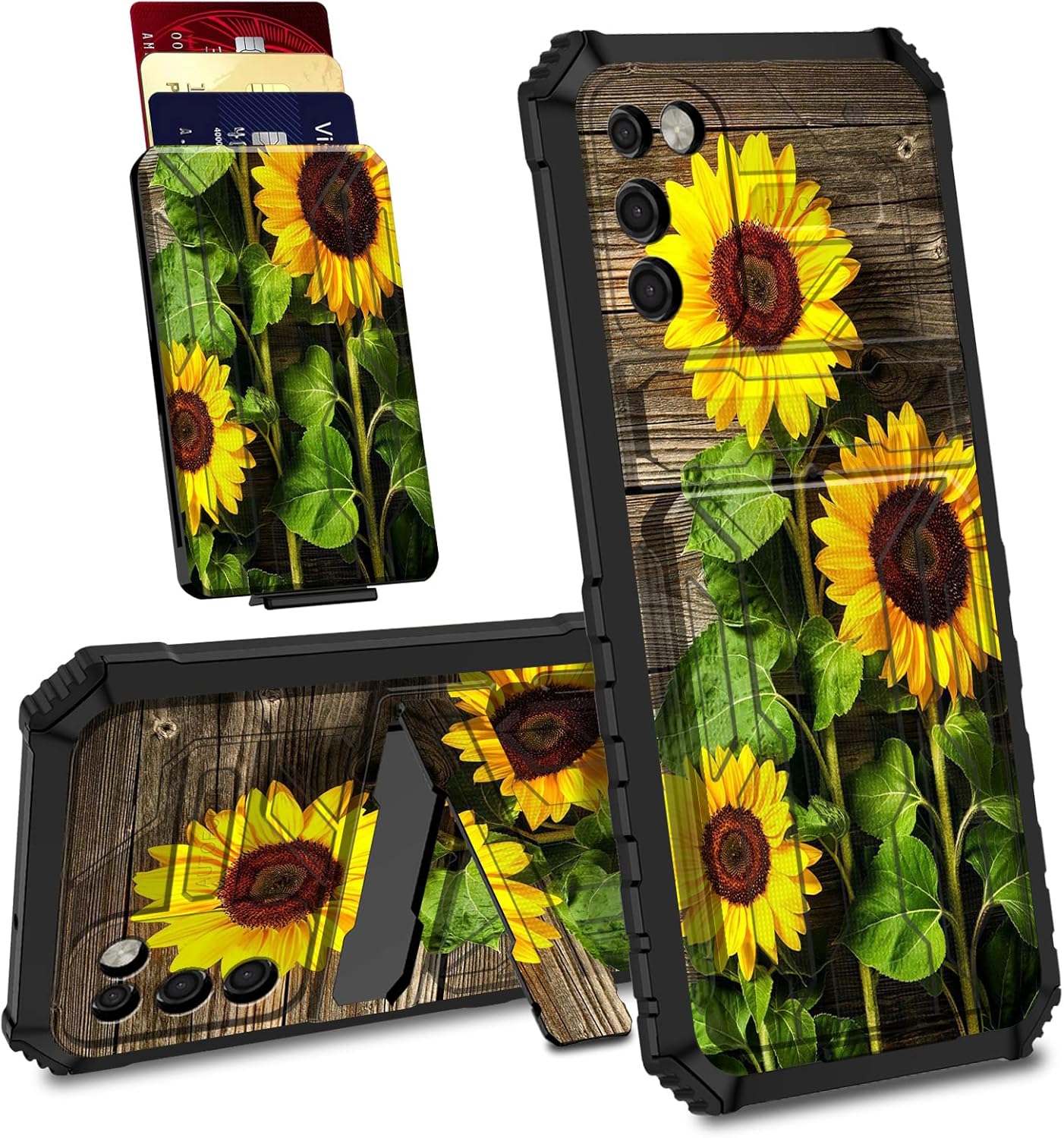 Samsung Galaxy A03s Case with Detachable Card Holder Slot, Heavy Duty Shockproof Cover, Sunflower Plank